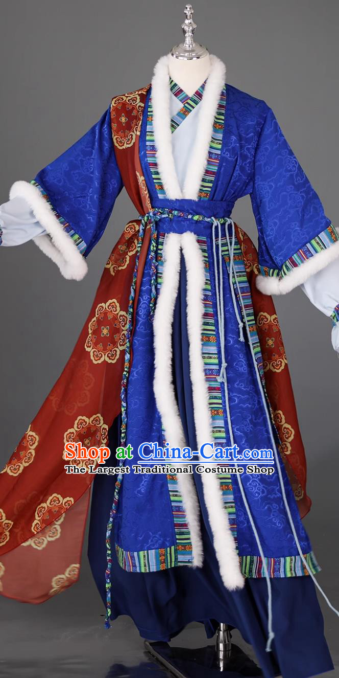 Navy Blue Tibetan Gown Chinese Style Cosplay Performance Attire Zang Ethnic Costumes
