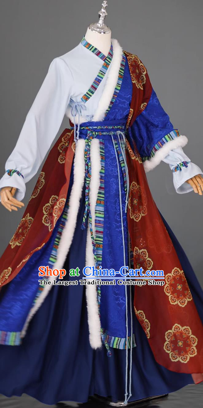 Navy Blue Tibetan Gown Chinese Style Cosplay Performance Attire Zang Ethnic Costumes