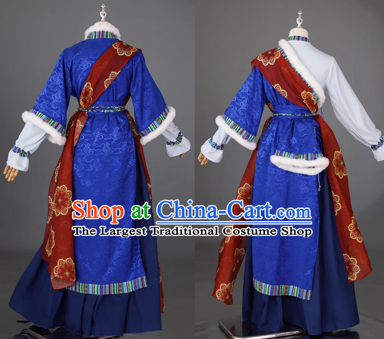 Navy Blue Tibetan Gown Chinese Style Cosplay Performance Attire Zang Ethnic Costumes