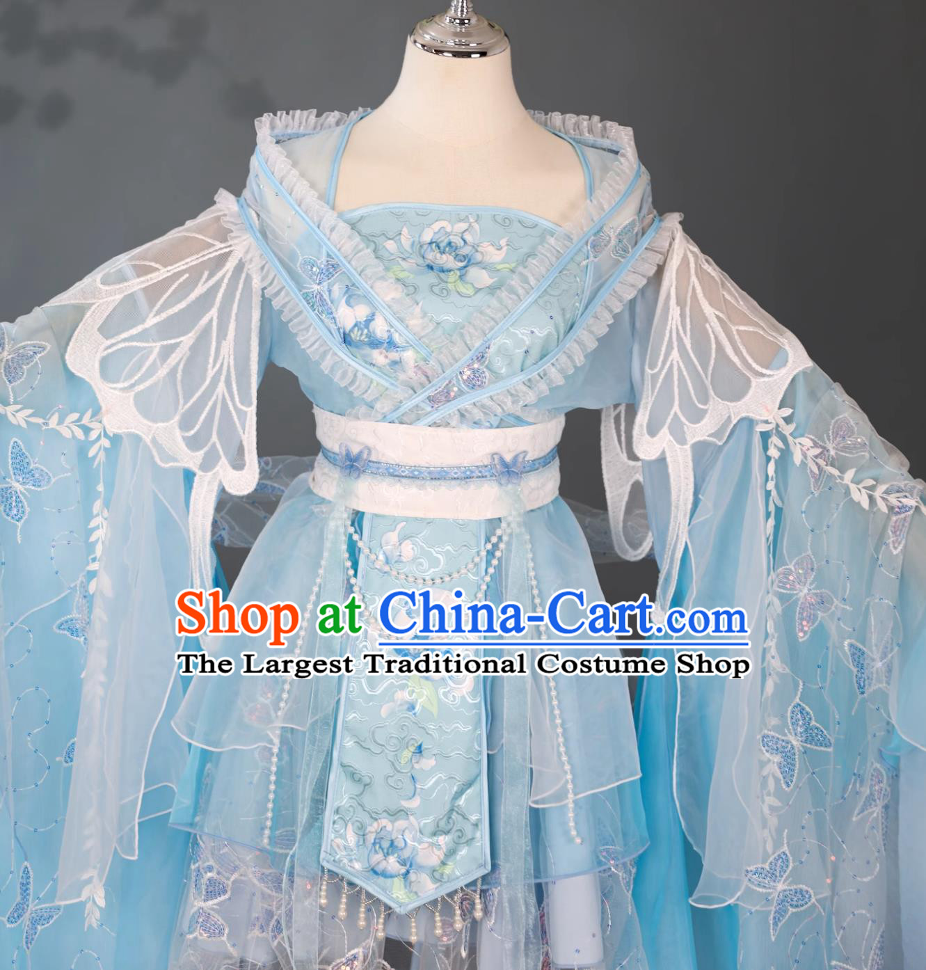 Blue Chinese Princess Short Dress Traditional Water Sleeves Classical Dance Attire Ancient Fairy Costume