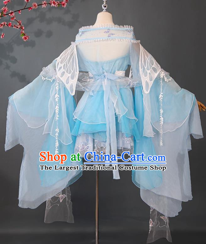Blue Chinese Princess Short Dress Traditional Water Sleeves Classical Dance Attire Ancient Fairy Costume