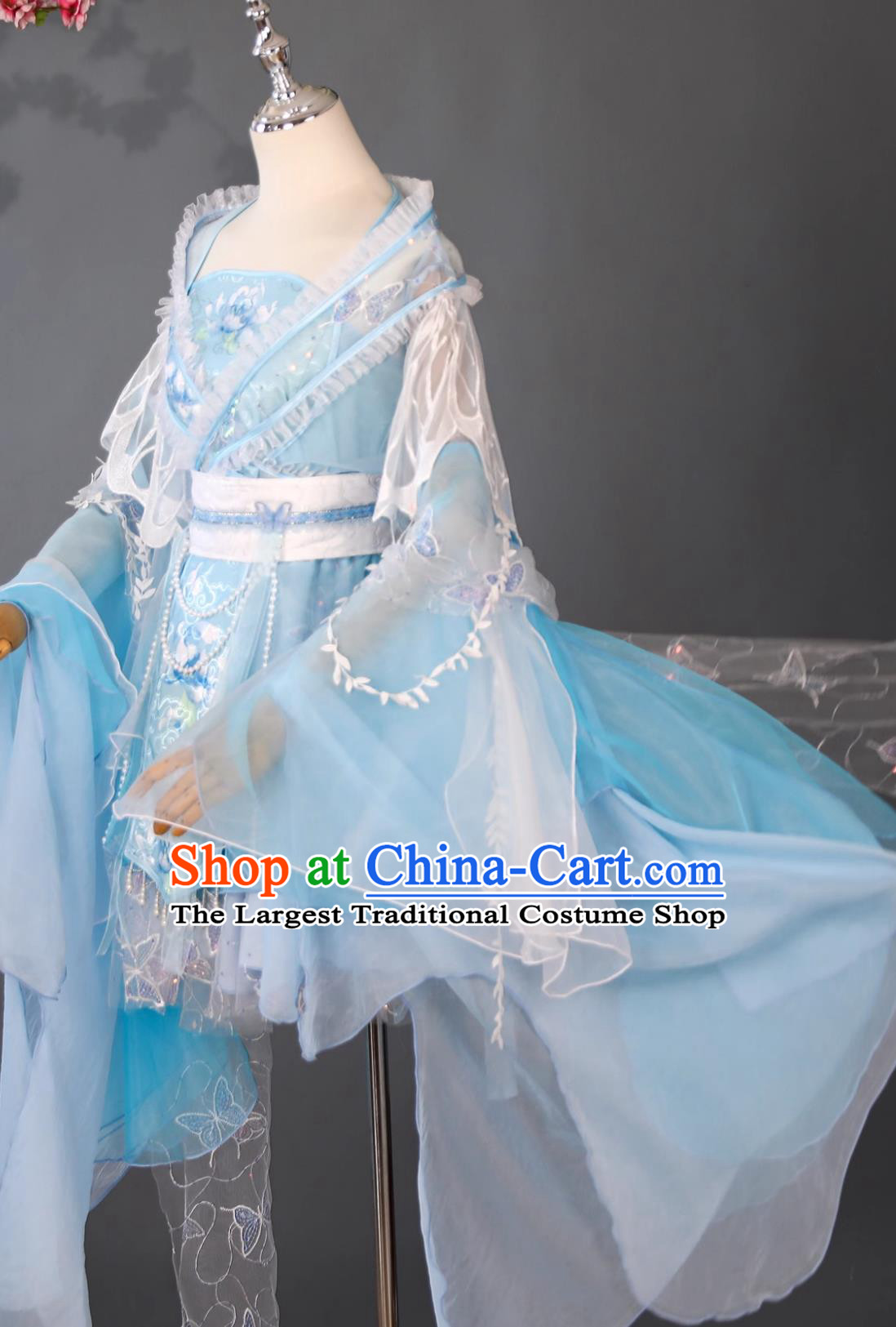Blue Chinese Princess Short Dress Traditional Water Sleeves Classical Dance Attire Ancient Fairy Costume