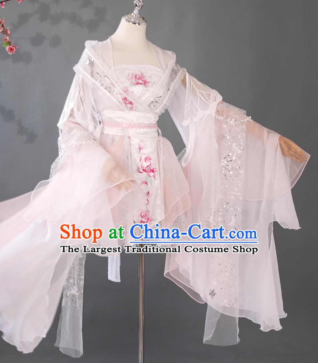 Ancient Fairy Costume White Chinese Princess Short Dress Traditional Water Sleeves Classical Dance Attire