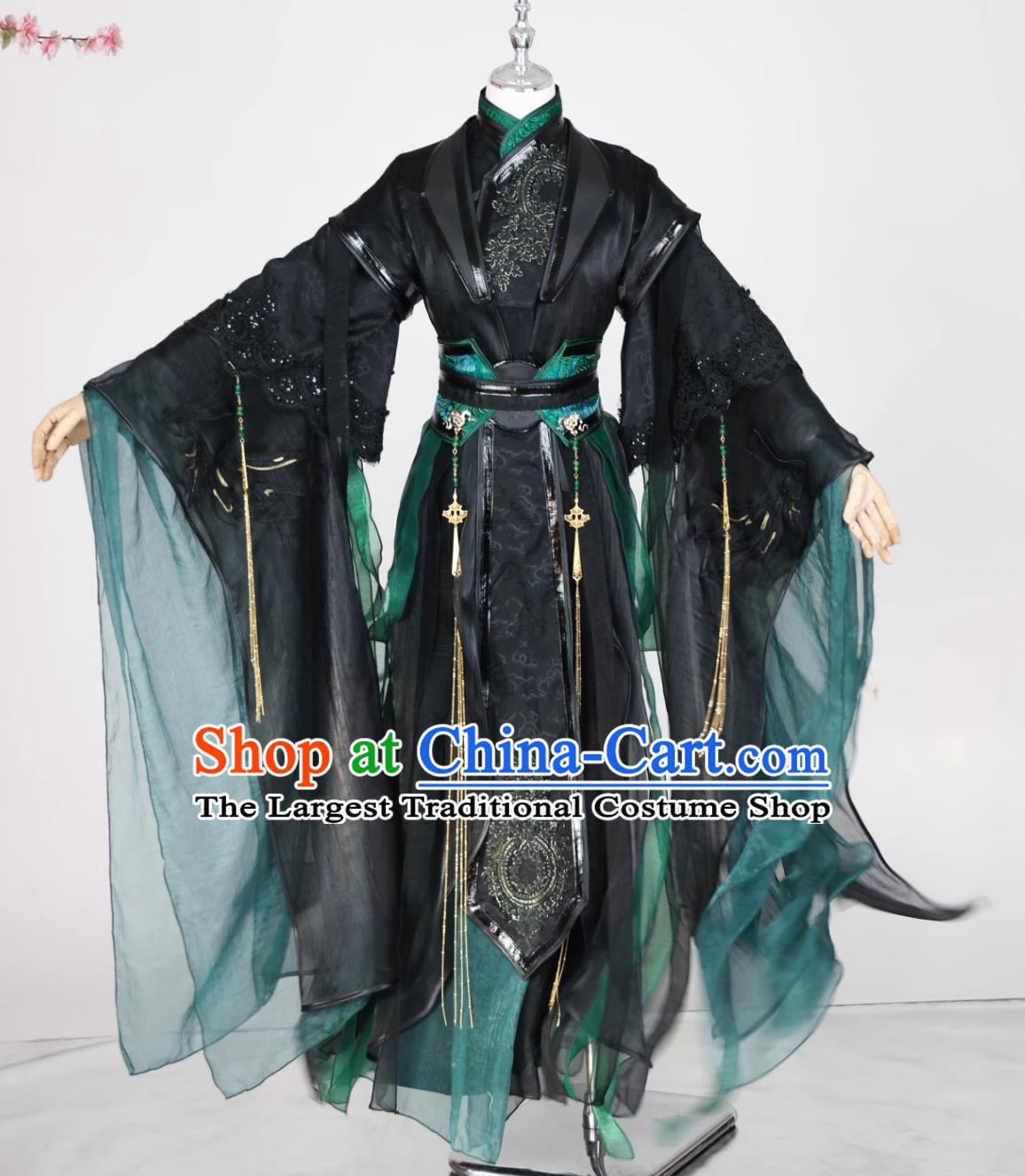 Ancient Chinese Swordsman Clothing Mens Hanfu Clothing Cosplay Hero Black and Green Outfit