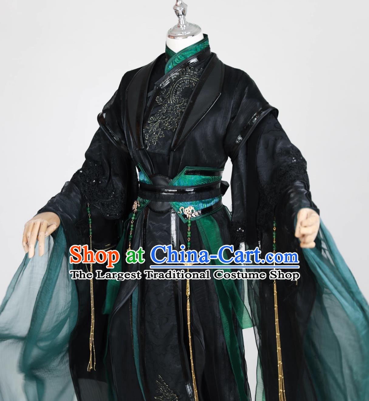 Ancient Chinese Swordsman Clothing Mens Hanfu Clothing Cosplay Hero Black and Green Outfit