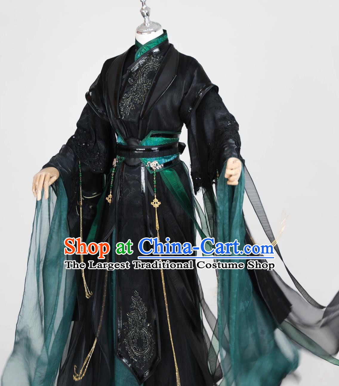 Ancient Chinese Swordsman Clothing Mens Hanfu Clothing Cosplay Hero Black and Green Outfit