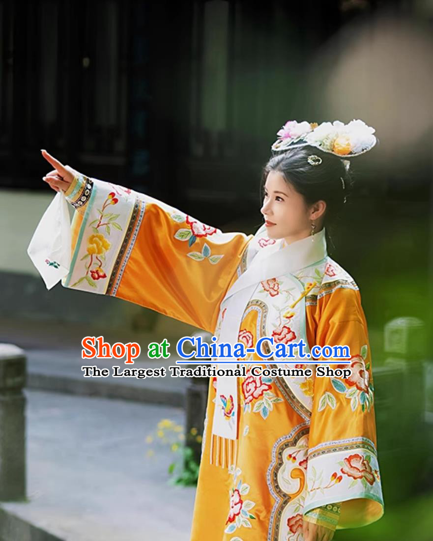Chinese TV Series Princess Returning Pearl III Xiao Yanzi Orange Dress Qing Dynasty Princess Costume Traditional Manchu Woman Clothing
