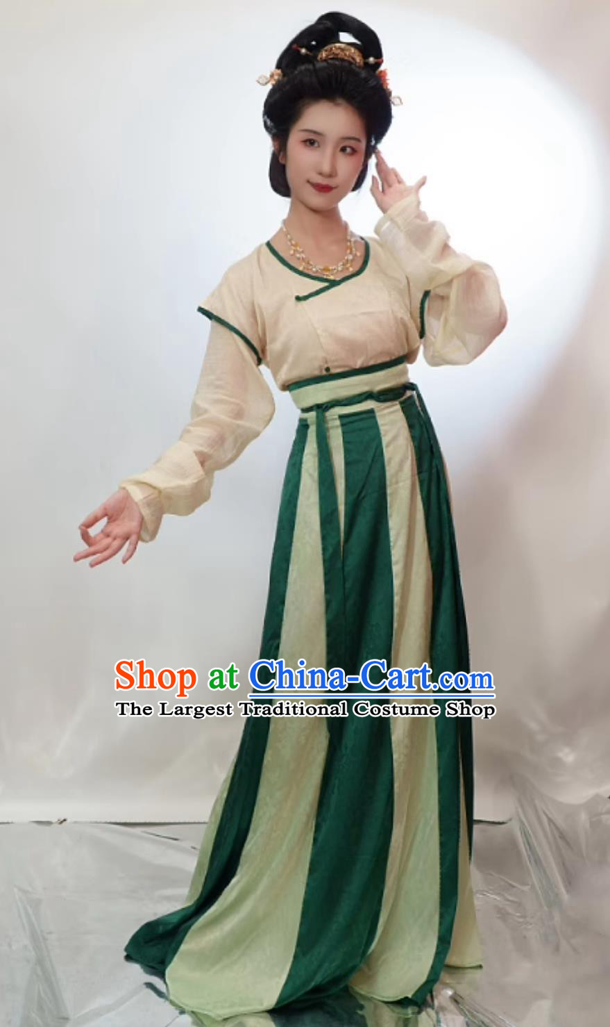 Chinese Historical Reproduction Clothing Traditional Costumes Early Tang Dynasty Cross Collar Shirt BeiZi Eighteen Gored Skirt Complete Set