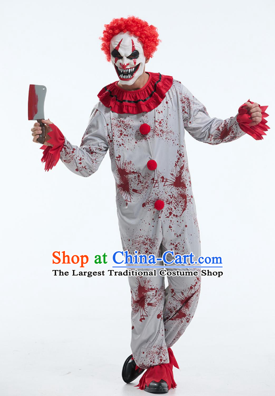 Halloween Scary Clown Costume Red Blood Stains Horror Jumpsuit Outfit Escape Room Prop Attire