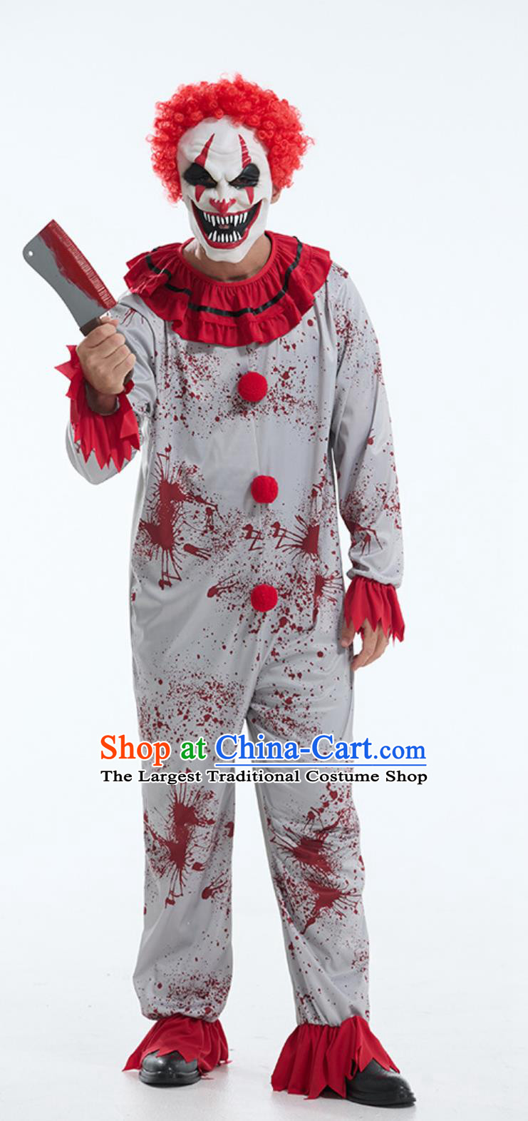Halloween Scary Clown Costume Red Blood Stains Horror Jumpsuit Outfit Escape Room Prop Attire