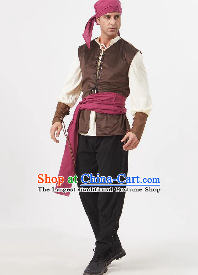 Halloween Mens Pirate Costume European Medieval Sailor Outfit Stage Play Cosplay Laborer Uniform