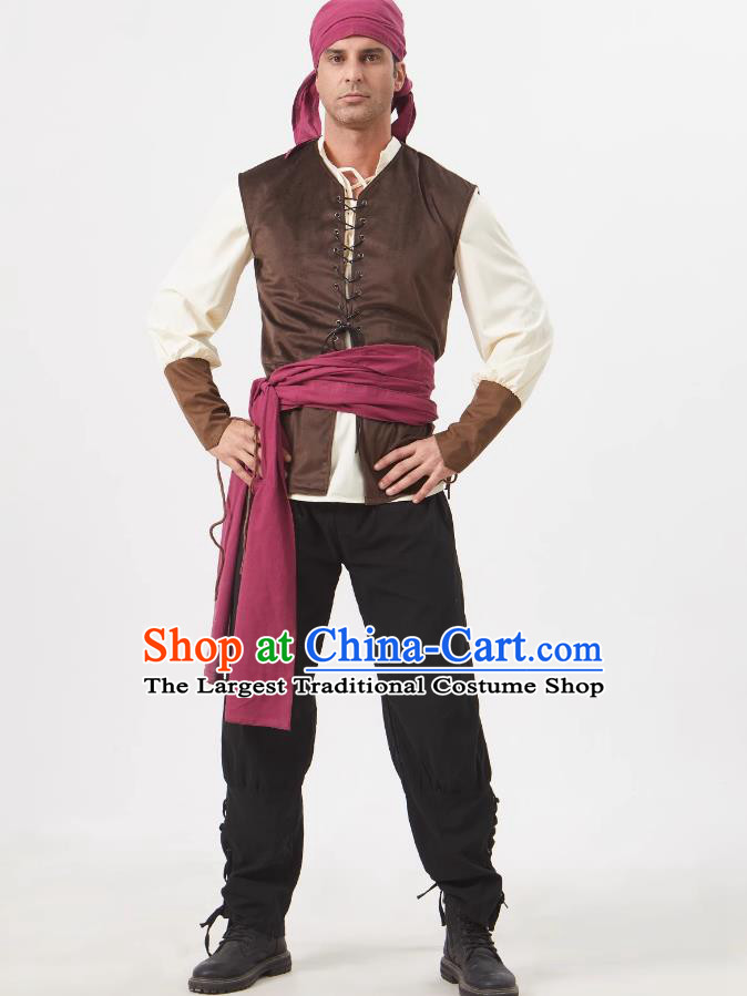 Halloween Mens Pirate Costume European Medieval Sailor Outfit Stage Play Cosplay Laborer Uniform