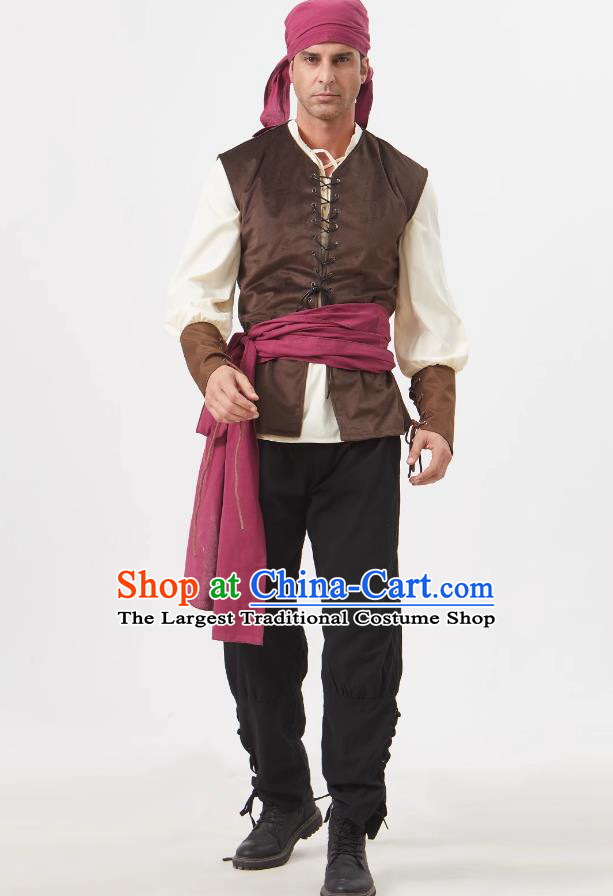 Halloween Mens Pirate Costume European Medieval Sailor Outfit Stage Play Cosplay Laborer Uniform