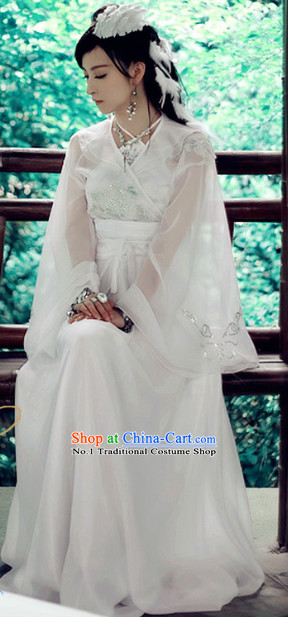 Romantic Wedding White Hanfu Dress and Hair Jewelry for Girls