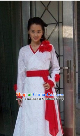 Chinese Fairy White Costumes with Red Flower