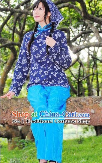 Asian Fashion Chinese Old Society Village Girls Costumes and Headwear