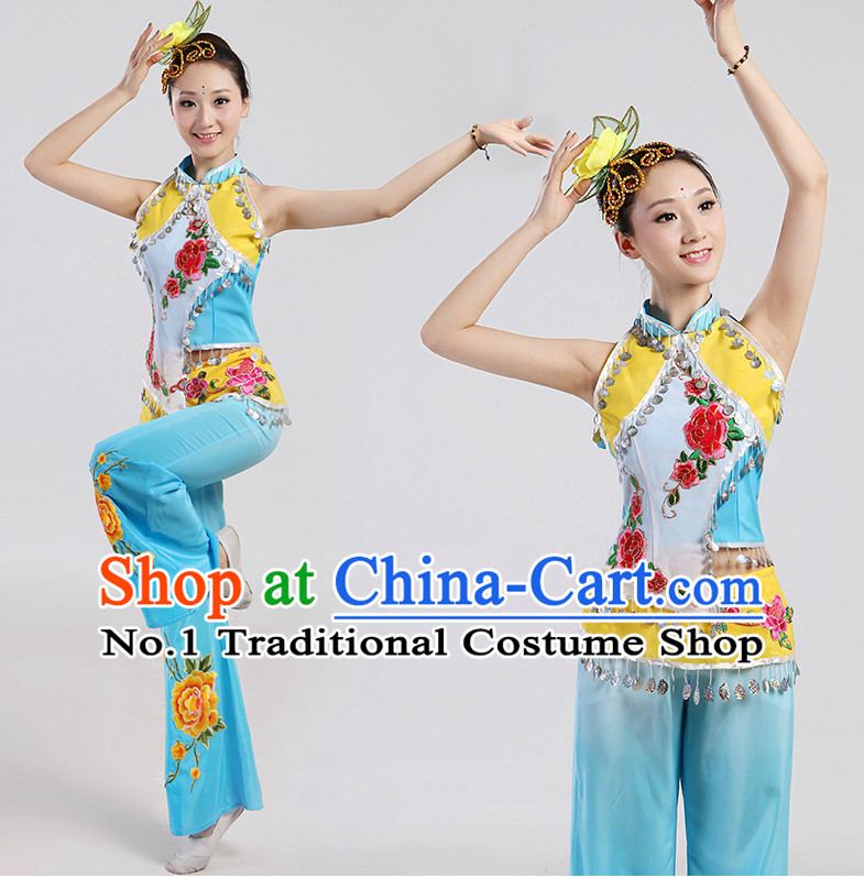 Chinese Folk Ribbon Dancing Costume and Headwear Complete Set for Women