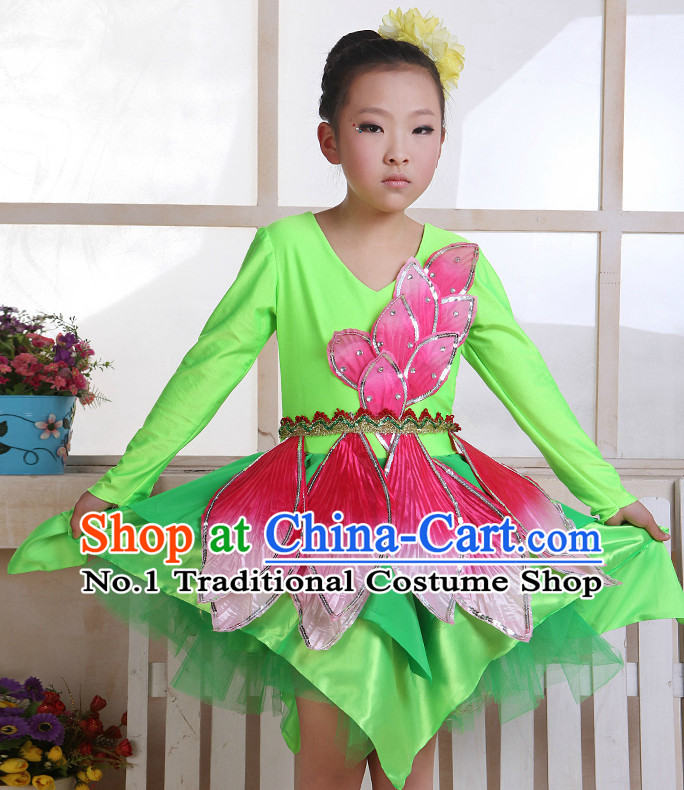 Chinese Flower Dance Costume and Headwear Complete Set for Kids