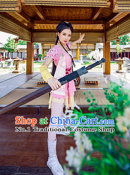 Chinese Traditional Han Fu Clothes Oriental Heroine Costumes and Hair Accessories Complete Set for Ladies