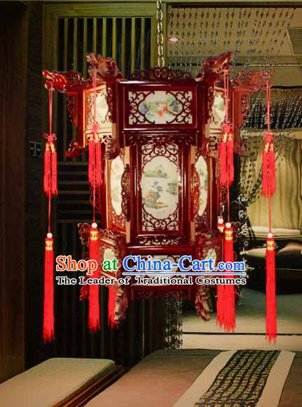 Chinese Antique Style Ancient Handmade Hexangular Natural Wood Hanging Palace Lantern