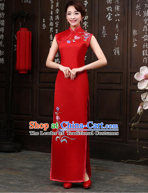 Ancient Chinese Costumes, Manchu Clothing Qipao, Retro Mandarin Collar Embroidered Long Silk Cheongsam, Traditional Red Cheongsam Wedding Toast Dress for Bride