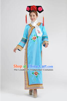 Qipao Qing Dynasty Clothing Empresses in the Palace Qing Chuang Stage Costumes Blue