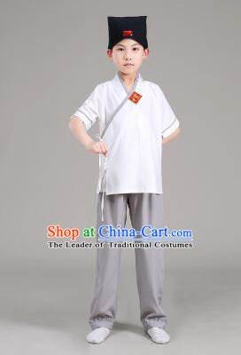 Han Fu For Children Chinese Traditional Dress Short Sleeves Stage Show Ceremonial Costumes White Top Gray Pants