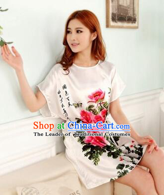 Night Gown Women Sexy Skirt Ancient China Style Chinese Traditional Beauty Pattern Night Suit Nighty Bedgown Peony White