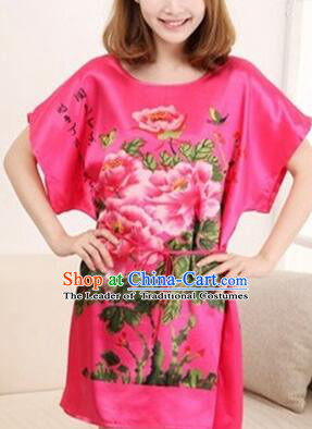 Night Gown Women Sexy Skirt Ancient China Style Chinese Traditional Beauty Pattern Night Suit Nighty Bedgown Peony Blue
