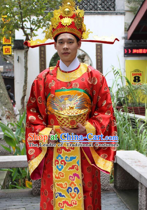 Asian Chinese Legend Cai Shen Money God Long Dresses Hanfu Costume Clothing Chinese Robe Chinese Kimono and Crown Complete Set for Men