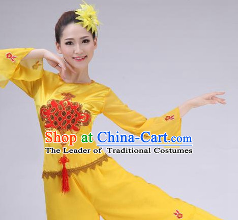 Asian Chinese Fan Dance Costume Clothing Oriental Dress and Hair Accessories Complete Set for Women Girls Adults Children