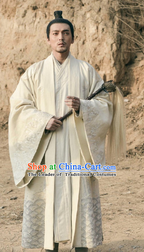 Ancient Chinese Taoist Long Robe Dress Authentic Clothes Culture Costume Dresses Traditional National Dress Clothing and Headwear Complete Set for Men