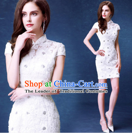 Top Tailored Romantic White Flower Short Cheongsam Chi-pao
