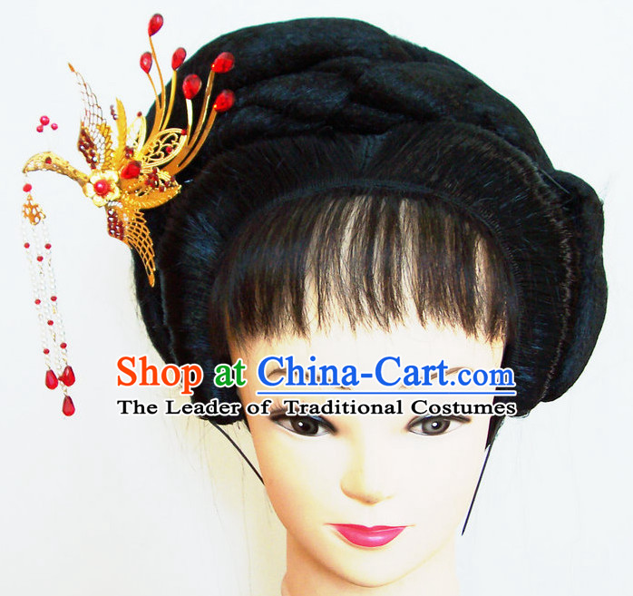 Chinese Ancient Opera Style Black Wigs and Phoenix Hairpin Headwear Hair Accessories for Women