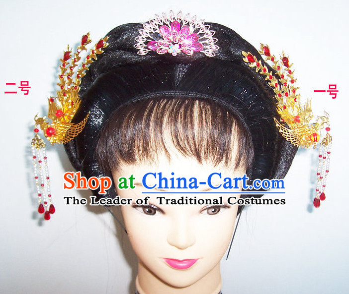 Chinese Ancient Opera Style Black Wigs and Phoenix Hairpin Headwear Hair Accessories for Women