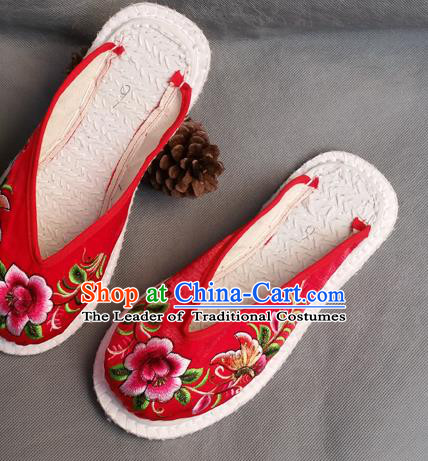 Traditional Chinese National Embroidered Shoes Handmade Red Cloth Slippers, China Hanfu Embroidery Flowers Shoes for Women