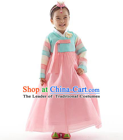 Asian Korean National Handmade Formal Occasions Wedding Clothing Embroidered Blue Blouse and Pink Dress Palace Hanbok Costume for Kids