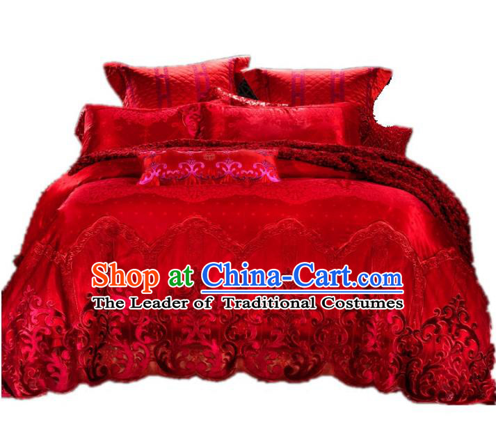 Traditional Chinese Wedding Red Lace Satin Embroidered Four-piece Bedclothes Duvet Cover Textile Qulit Cover Bedding Sheet Complete Set
