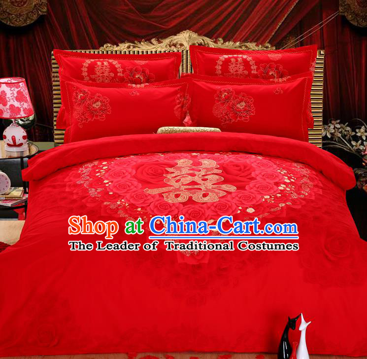 Traditional Chinese Wedding Printing Rose Red Four-piece Bedclothes Duvet Cover Textile Qulit Cover Bedding Sheet Complete Set