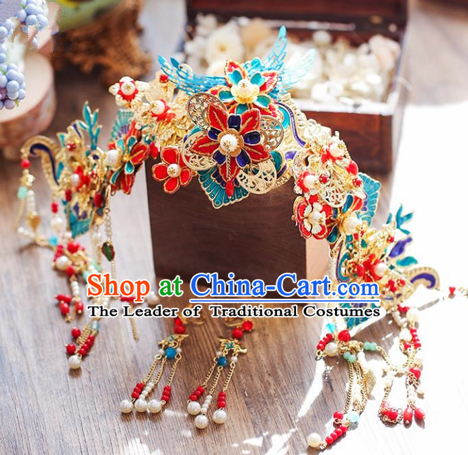 Chinese Traditional Bride Hair Accessories Xiuhe Suit Blue Phoenix Coronet Wedding Tassel Hairpins for Women