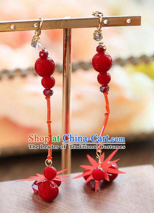 Chinese Traditional Bride Jewelry Accessories Red Beads Tassel Earrings Wedding Eardrop for Women