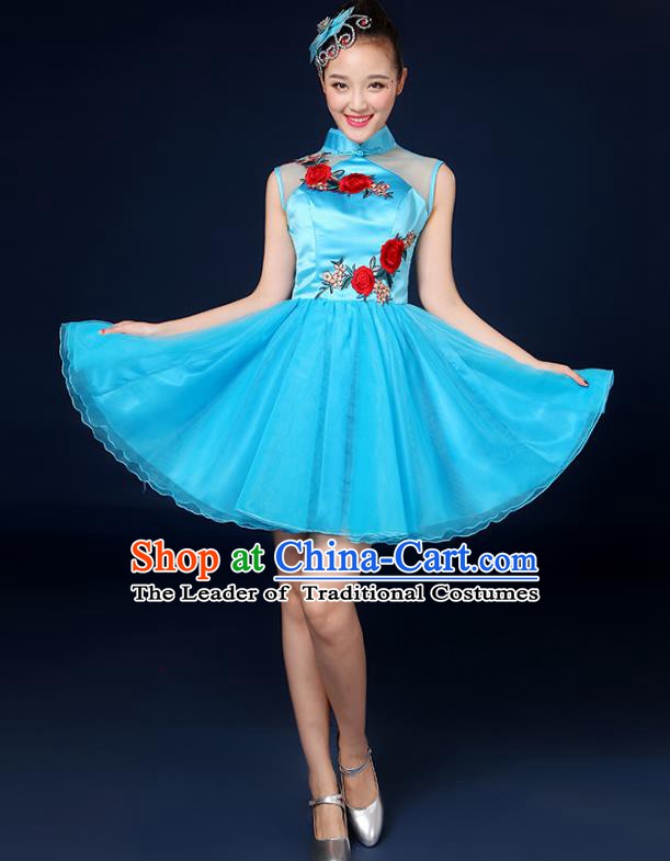 Traditional Chinese Modern Dance Opening Dance Clothing Chorus Classical Dance Blue Short Bubble Dress for Women