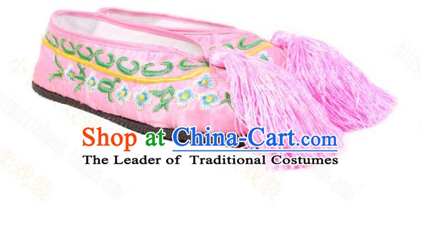 Asian Chinese Beijing Opera Actress Pink Embroidered Shoes, Traditional China Peking Opera Diva Hanfu Shoes