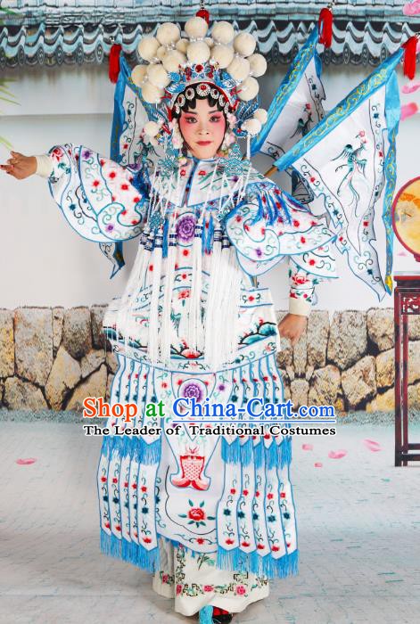 Chinese Beijing Opera Female General White Embroidered Costume, China Peking Opera Blues Embroidery Clothing