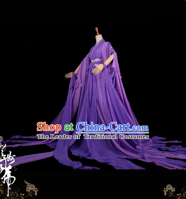 Traditional Asian Chinese Ancient Palace Princess Costume, Elegant Hanfu Water Sleeve Violet Dress, Chinese Imperial Princess Tailing Clothing, Chinese Cosplay Fairy Princess Empress Queen Cosplay Costumes for Women