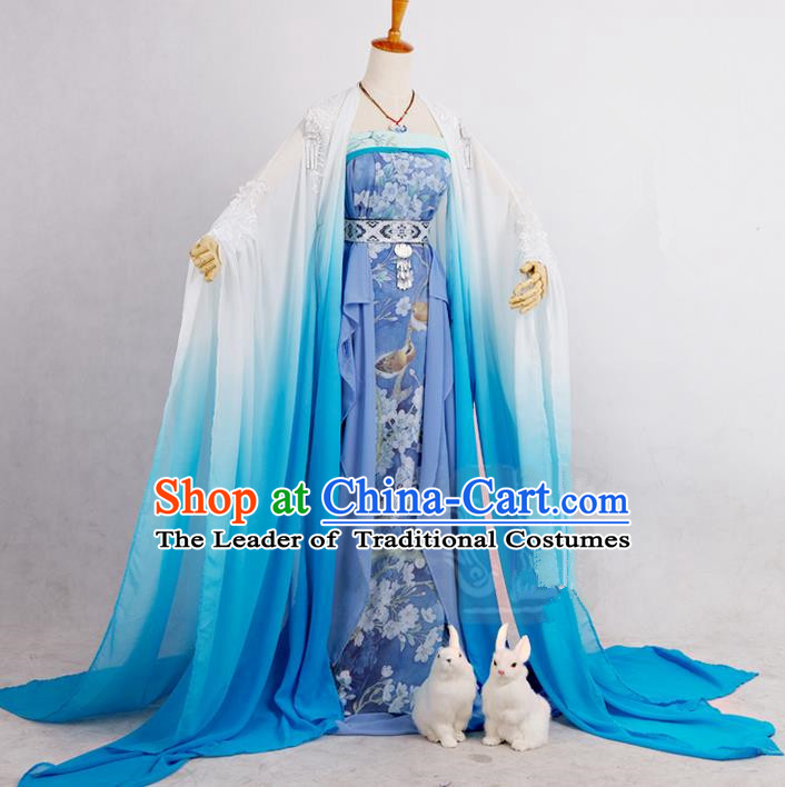 Traditional Ancient Chinese Imperial Consort Costume, Elegant Hanfu Cosplay Fairy Dress Chinese Tang Dynasty Imperial Empress Embroidered Flowers Tailing Clothing for Women