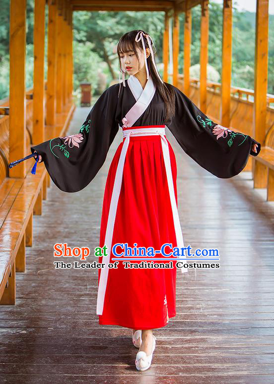 Traditional Ancient Chinese Female Costume Black Blouse and Red Dress Complete Set, Elegant Hanfu Clothing Chinese Ming Dynasty Palace Princess Embroidered Clothing for Women