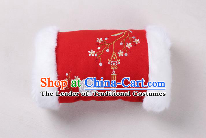 Traditional Ancient Chinese Embroidered Hanfu Muff Embroidered Fox Red Handwarmers for Women