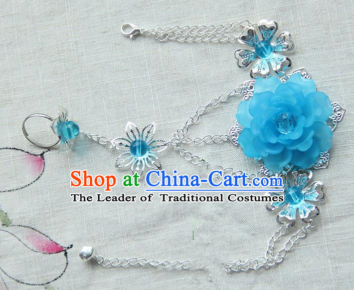 Traditional Handmade Chinese Ancient Princess Classical Accessories Jewellery Blue Flowers Bracelets Chain Bracelet with Ring for Women