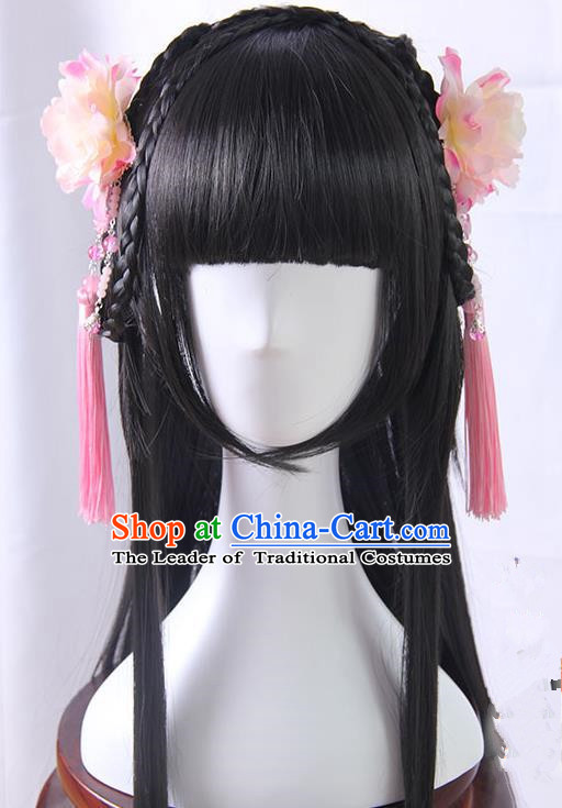 Traditional Handmade Ancient Chinese Han Dynasty Imperial Princess Hair Decoration and Wig Complete Set, Ancient Chinese Palace Young Lady Headwear and Wig for Women